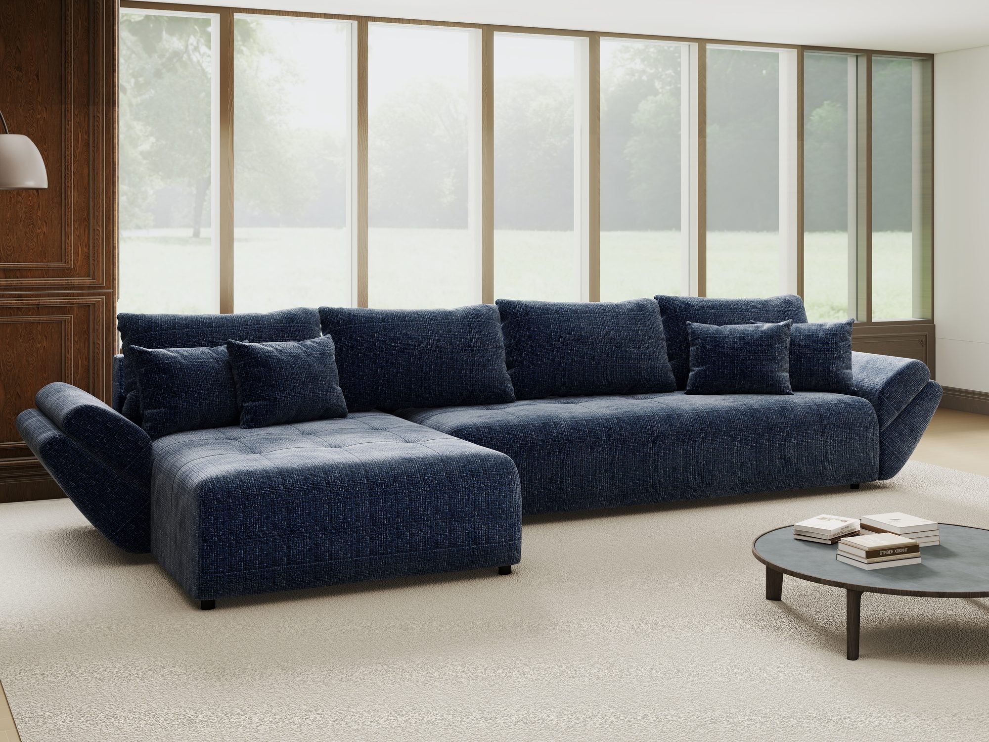 Colțar extensibil dumonde cu ladă de depozitare si sezut confortabil din spuma high-density, Berlin XL Cremona Albastru 79 350x185 cm