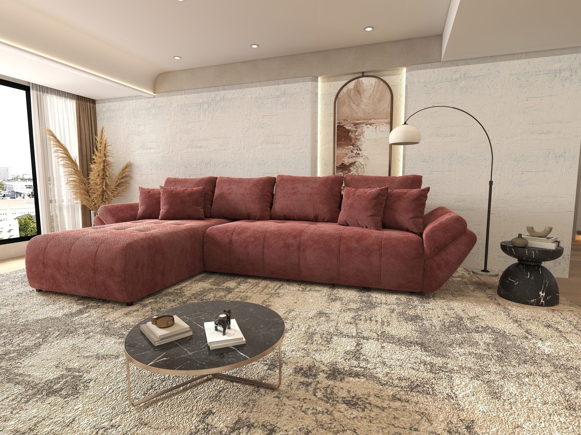 Colțar extensibil dumonde cu ladă de depozitare si sezut confortabil din spuma high-density, Berlin XL Vibe Rosu 58 350x185 cm