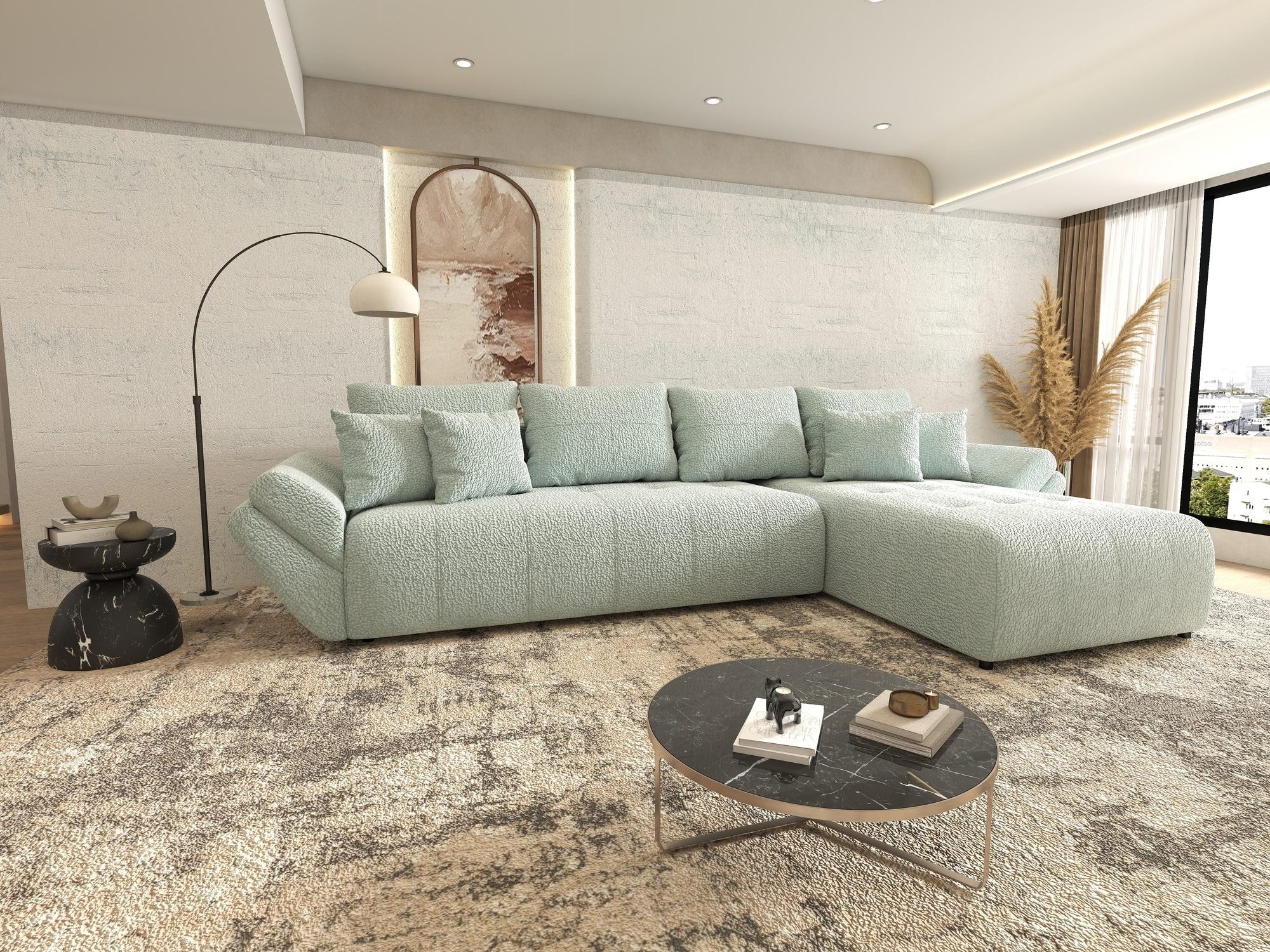 Colțar extensibil dumonde cu ladă de depozitare si sezut confortabil din spuma high-density, Berlin XL Jaguar Verde Mint 16 II 350x185 cm