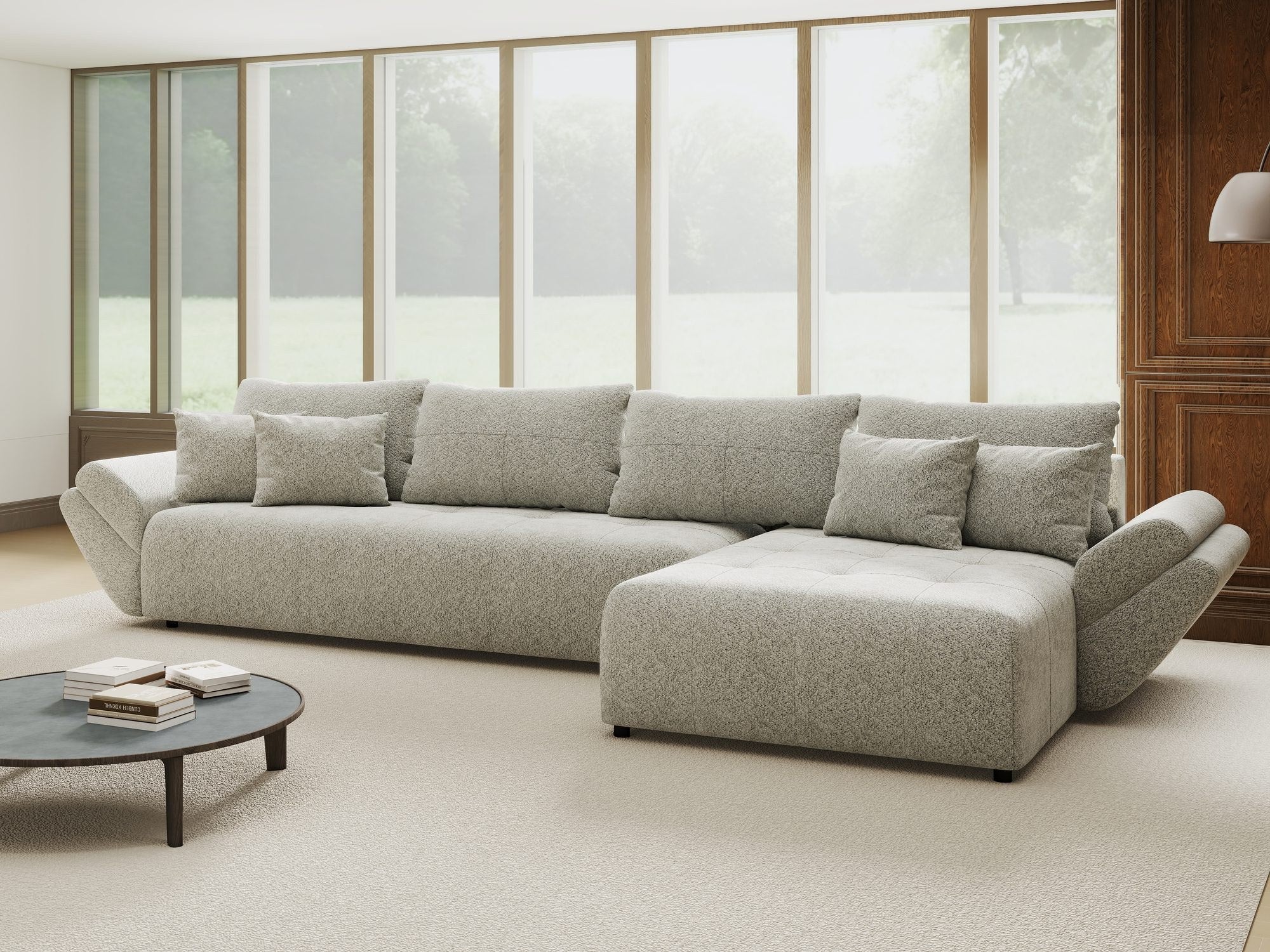 Colțar extensibil dumonde cu ladă de depozitare si sezut confortabil din spuma high-density, Berlin XL Arena Gri 15 II 350x185 cm