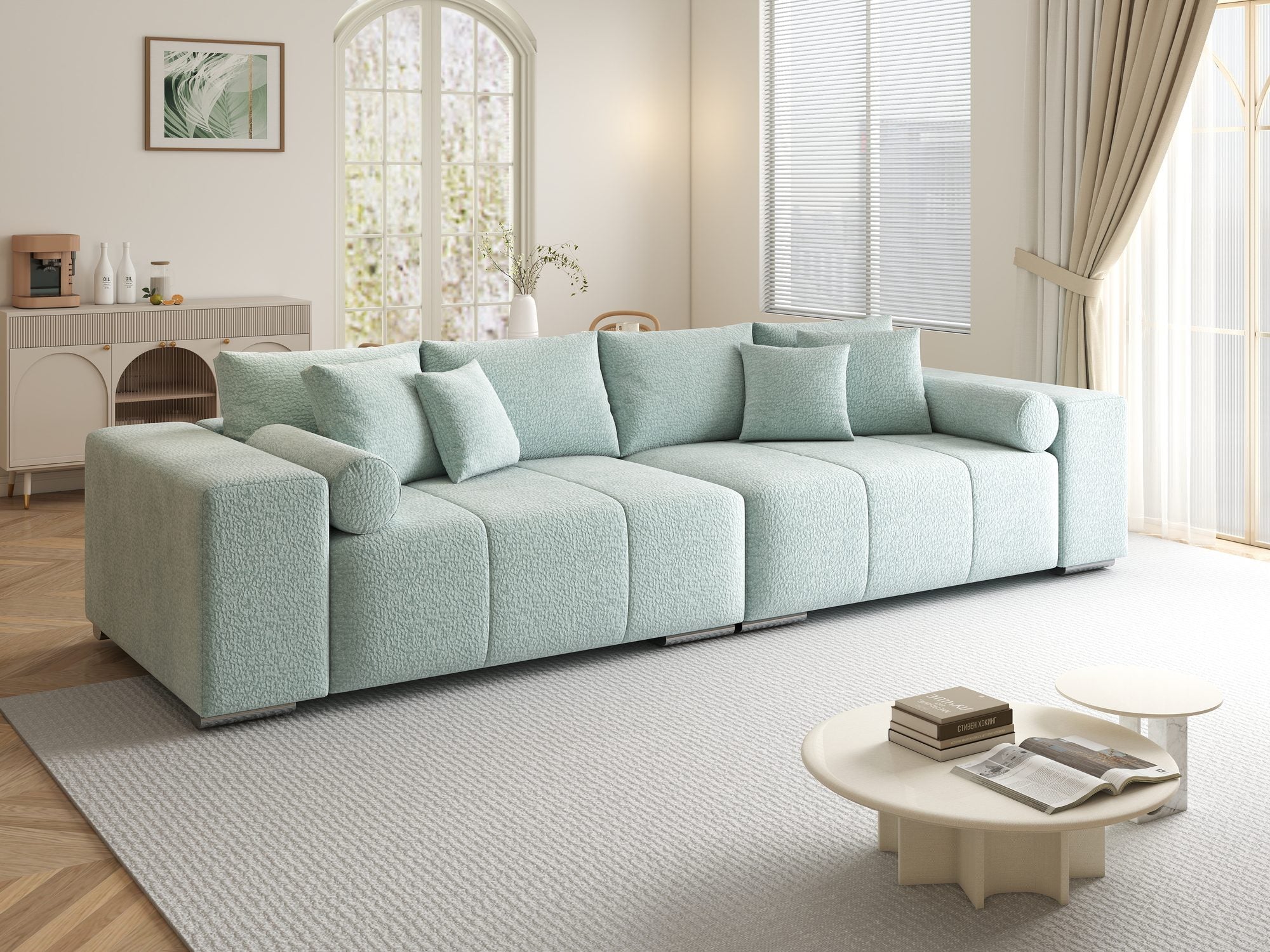 Canapea extensibilă dumonde cu ladă de depozitare si sezut confortabil din spuma high-density, Marbela XXL Jaguar Verde Mint 16 290x100 cm