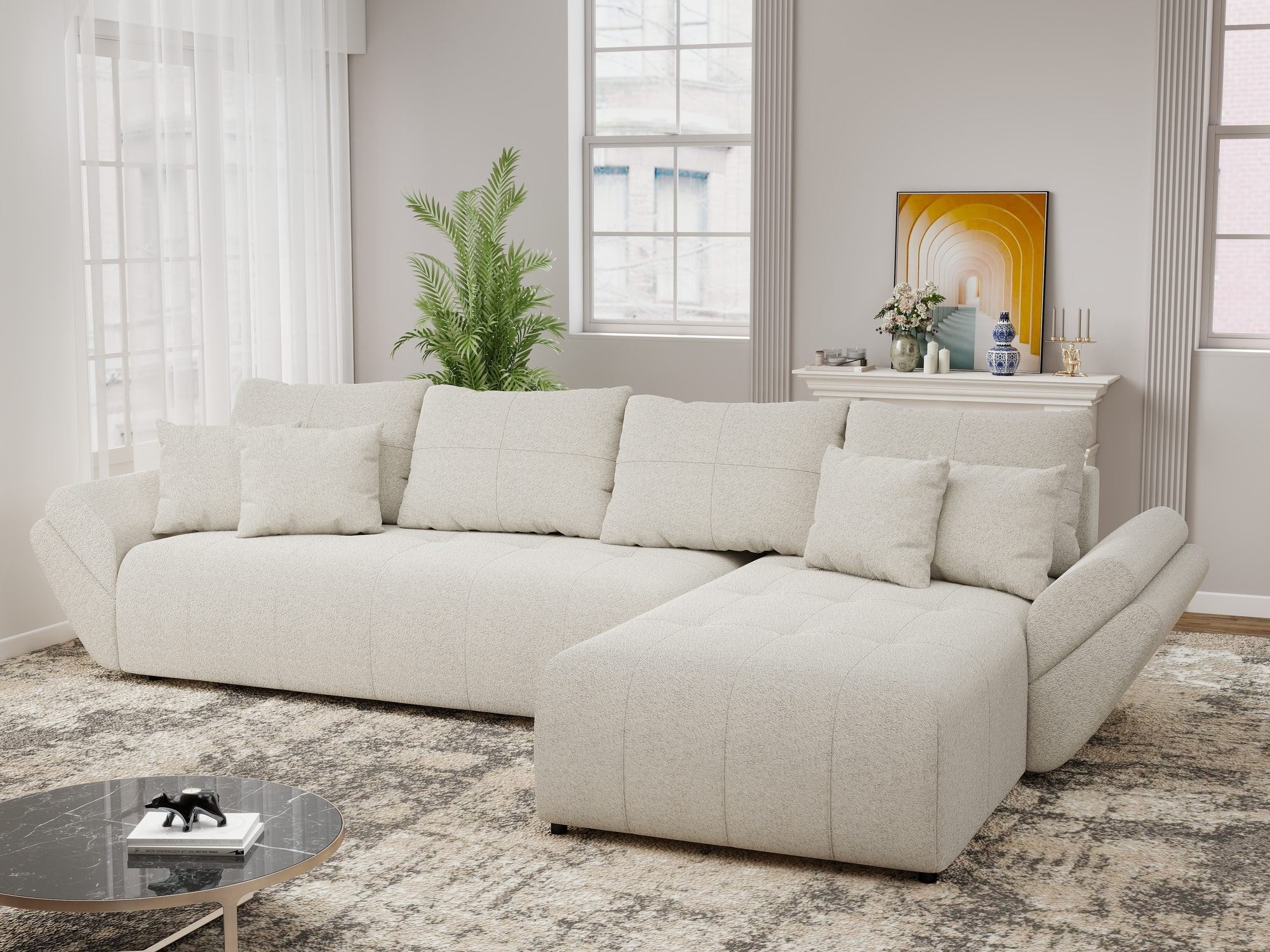 Colțar extensibil dumonde cu ladă de depozitare si sezut confortabil din spuma high-density, Berlin XL Monte Bej 03 II 350x185 cm