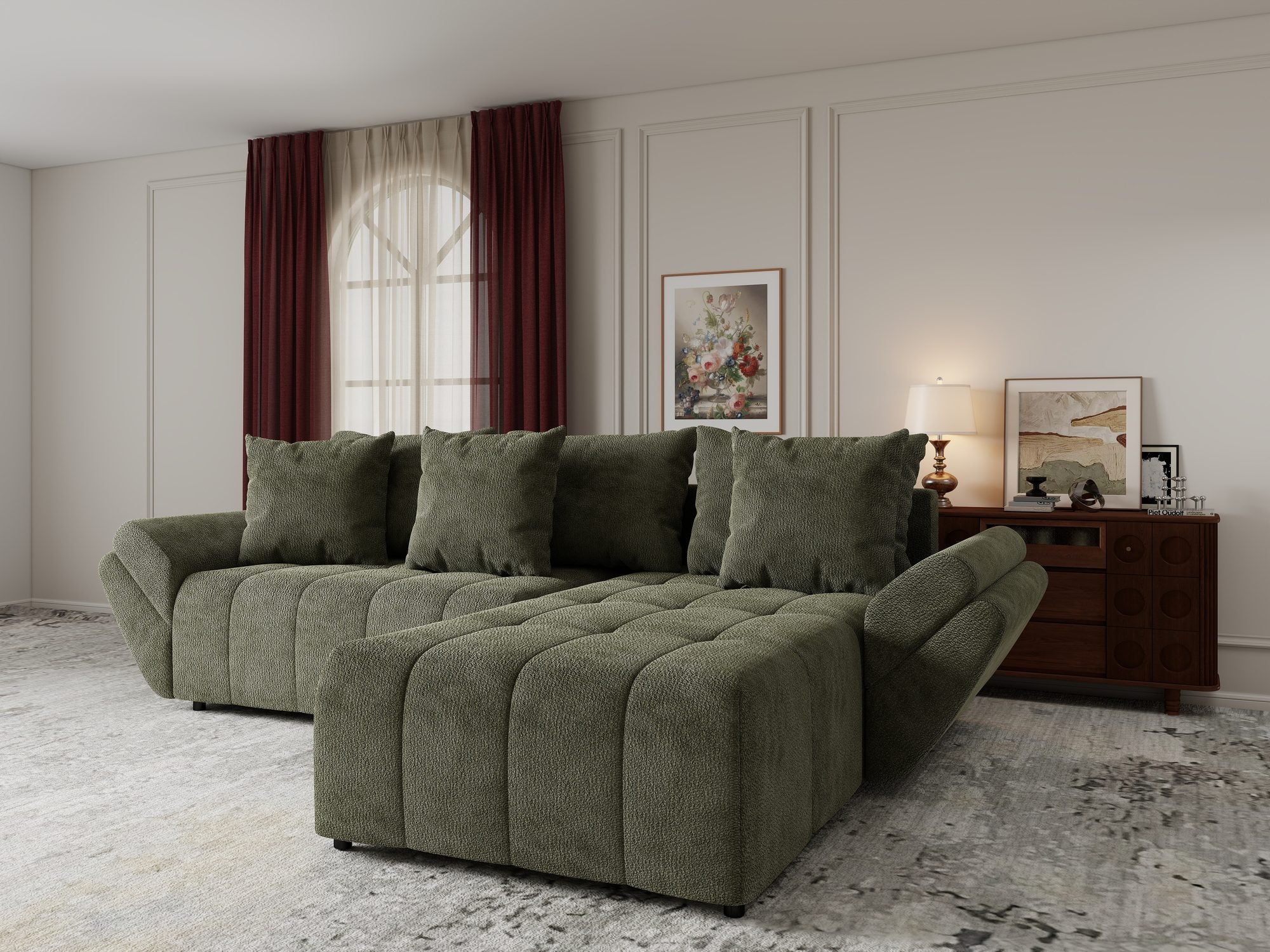 Colțar extensibil dumonde cu ladă de depozitare si sezut confortabil din spuma high-density, Berlin Vibe Olive 38 II 280x185 cm