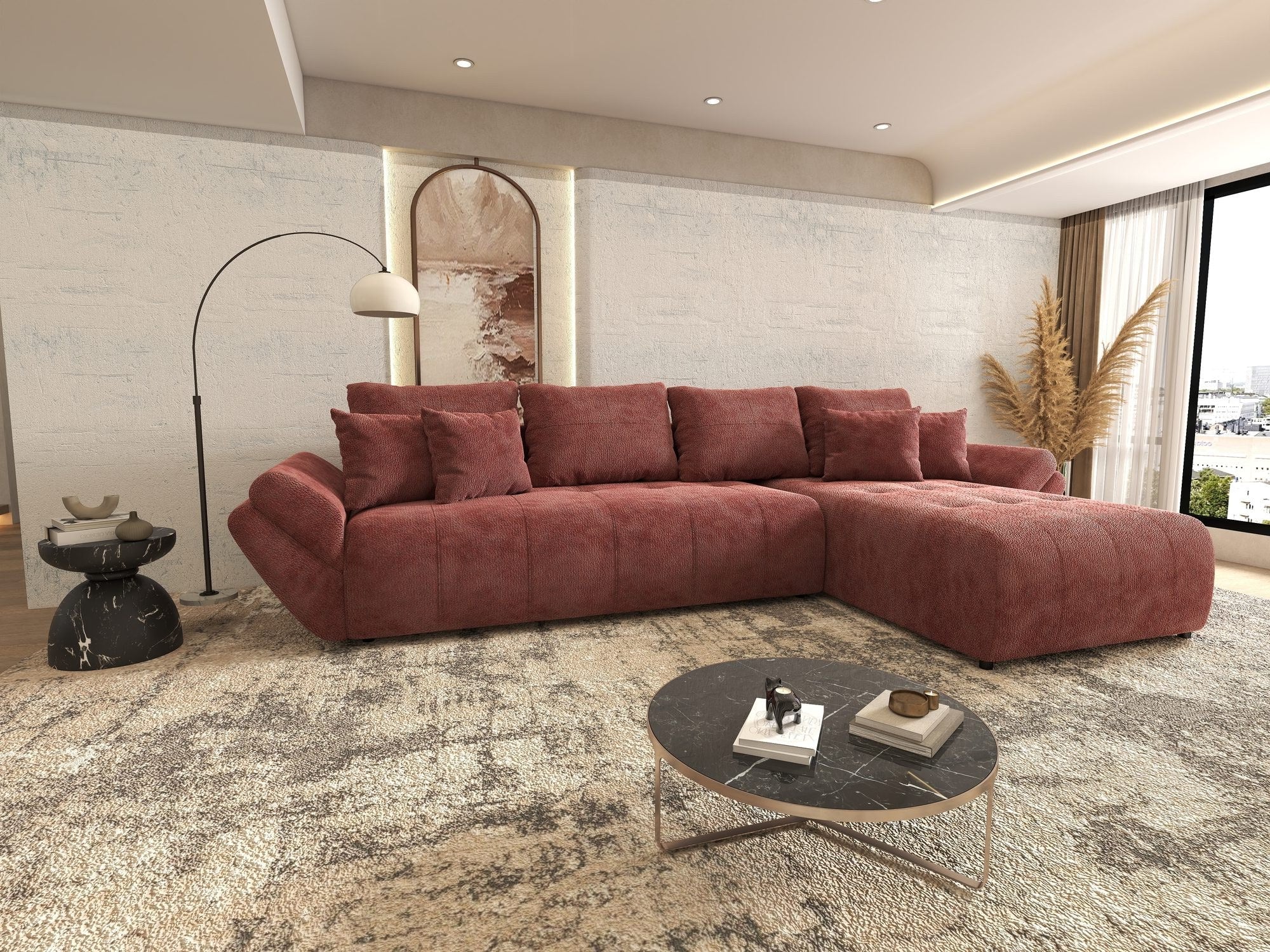 Colțar extensibil dumonde cu ladă de depozitare si sezut confortabil din spuma high-density, Berlin XL Vibe Rosu 58 II 350x185 cm