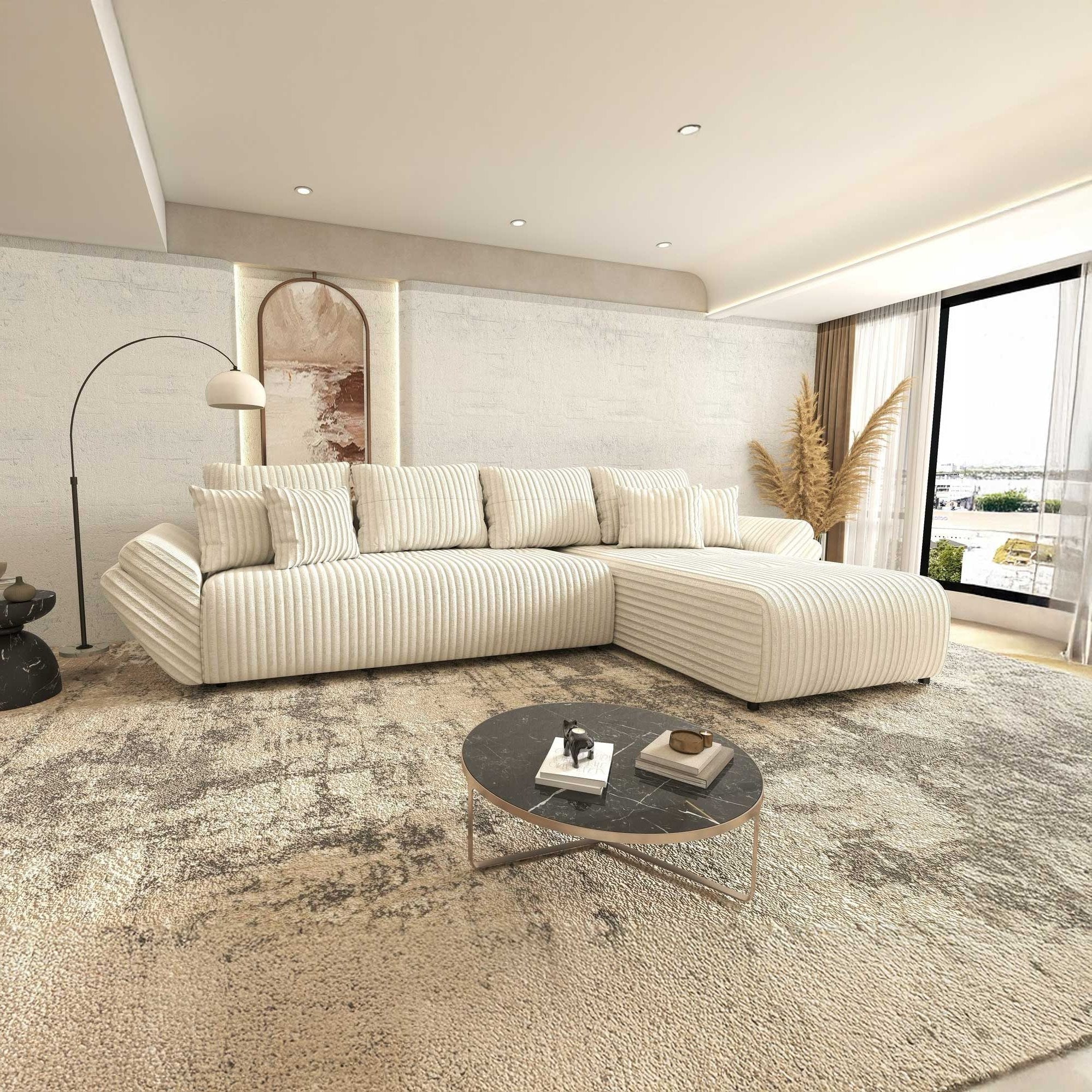 Colțar extensibil dumonde cu ladă de depozitare si sezut confortabil din spuma high-density, Berlin XL Tilia Bej 01 II 350x185 cm