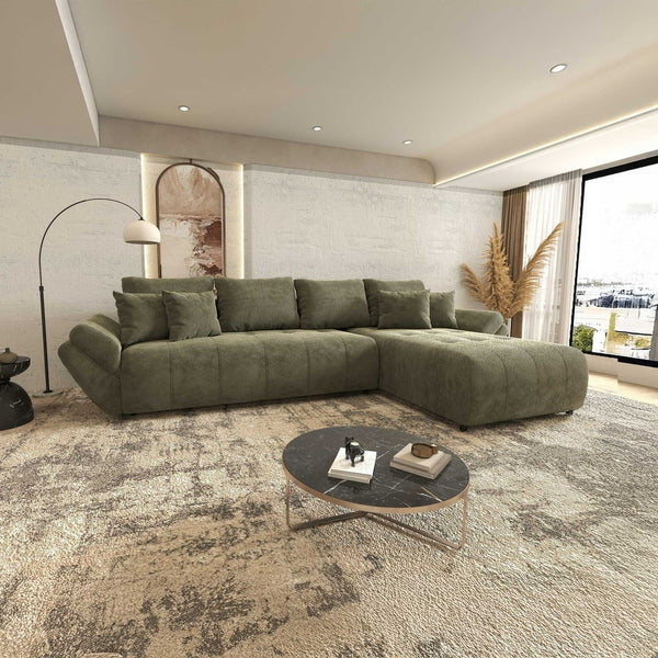 Berlin XL Vibe Olive 38 II olívazöld 350 × 185 cm-es kihúzható sarokgarnitúra ágyneműtartóval és nagy sűrűségű habból készült ülőfelülettel