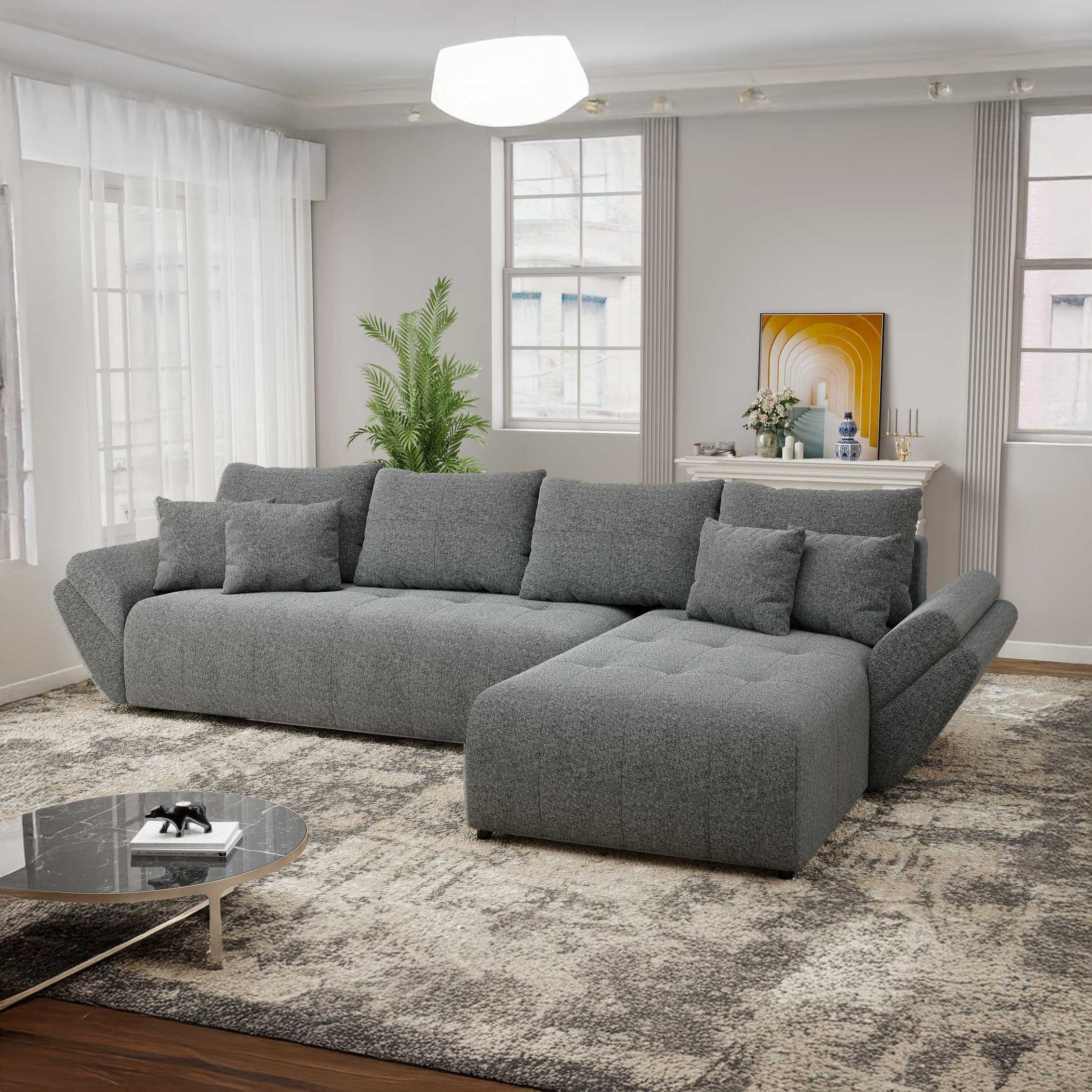 Colțar extensibil dumonde cu ladă de depozitare si sezut confortabil din spuma high-density, Berlin XL Monte Gri 90 II 350x185 cm