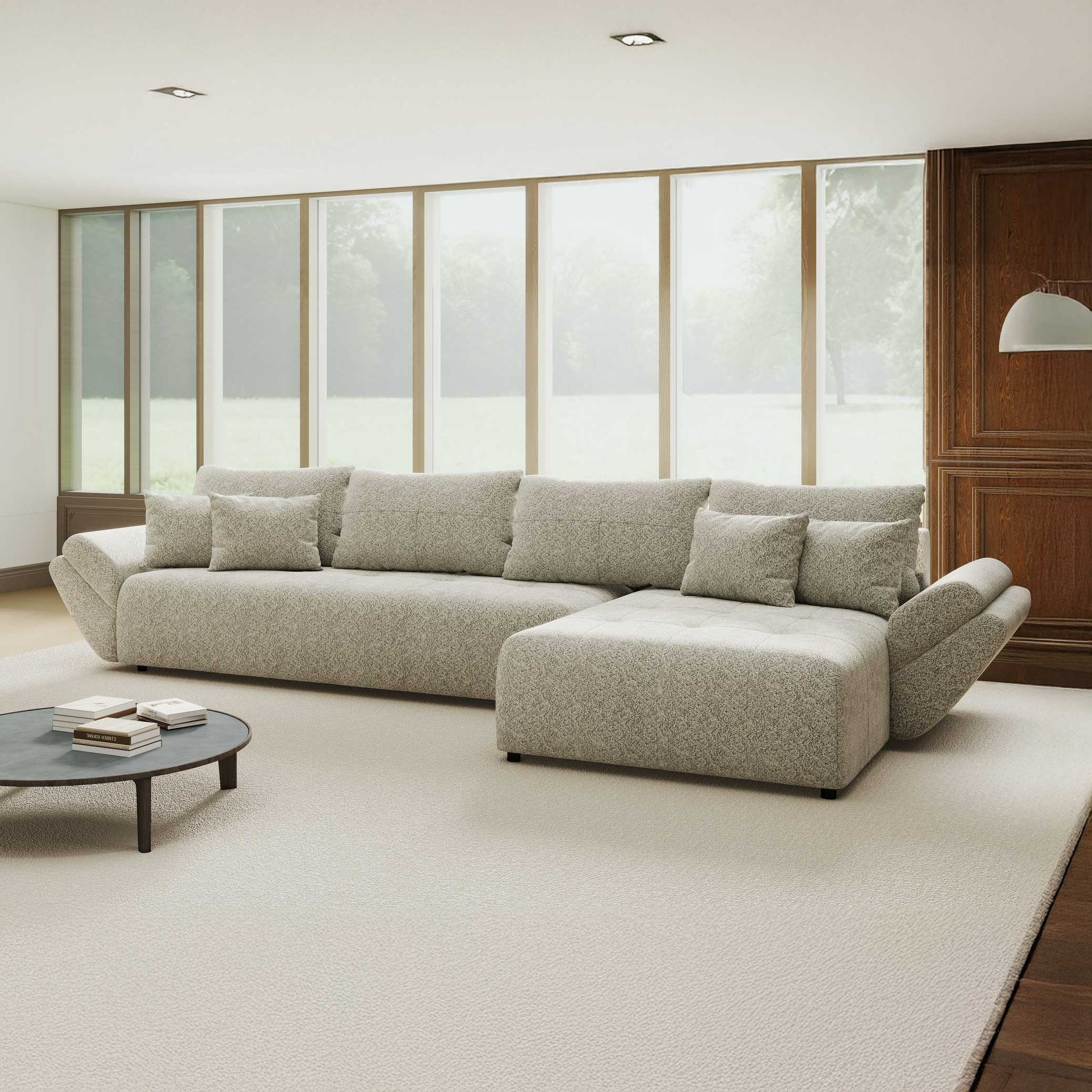 Colțar extensibil dumonde cu ladă de depozitare si sezut confortabil din spuma high-density, Berlin XL Arena Bej 2 II 350x185 cm