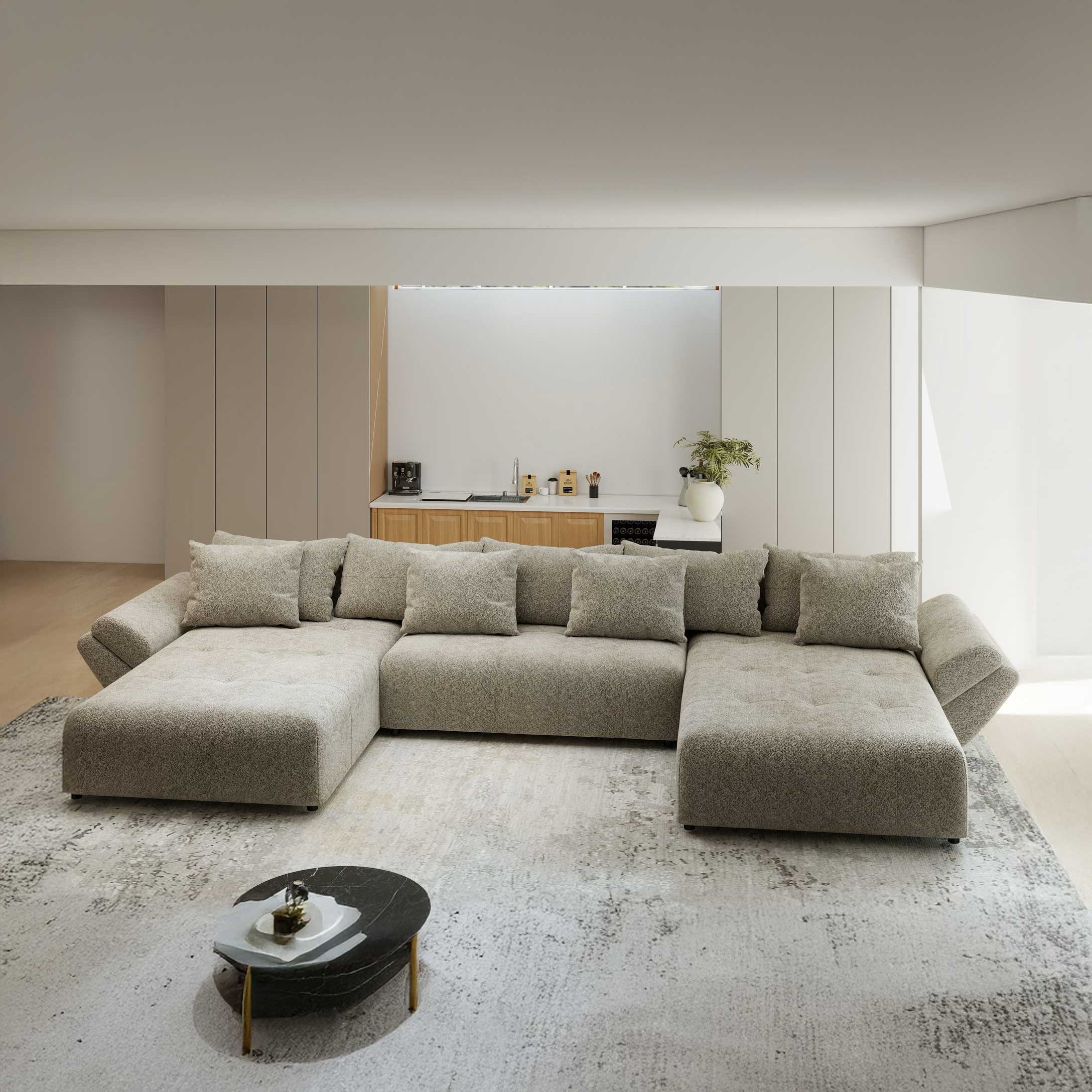 Colțar extensibil dumonde cu ladă de depozitare si sezut confortabil din spuma high-density, Berlin U Arena Bej 4 380x180 cm