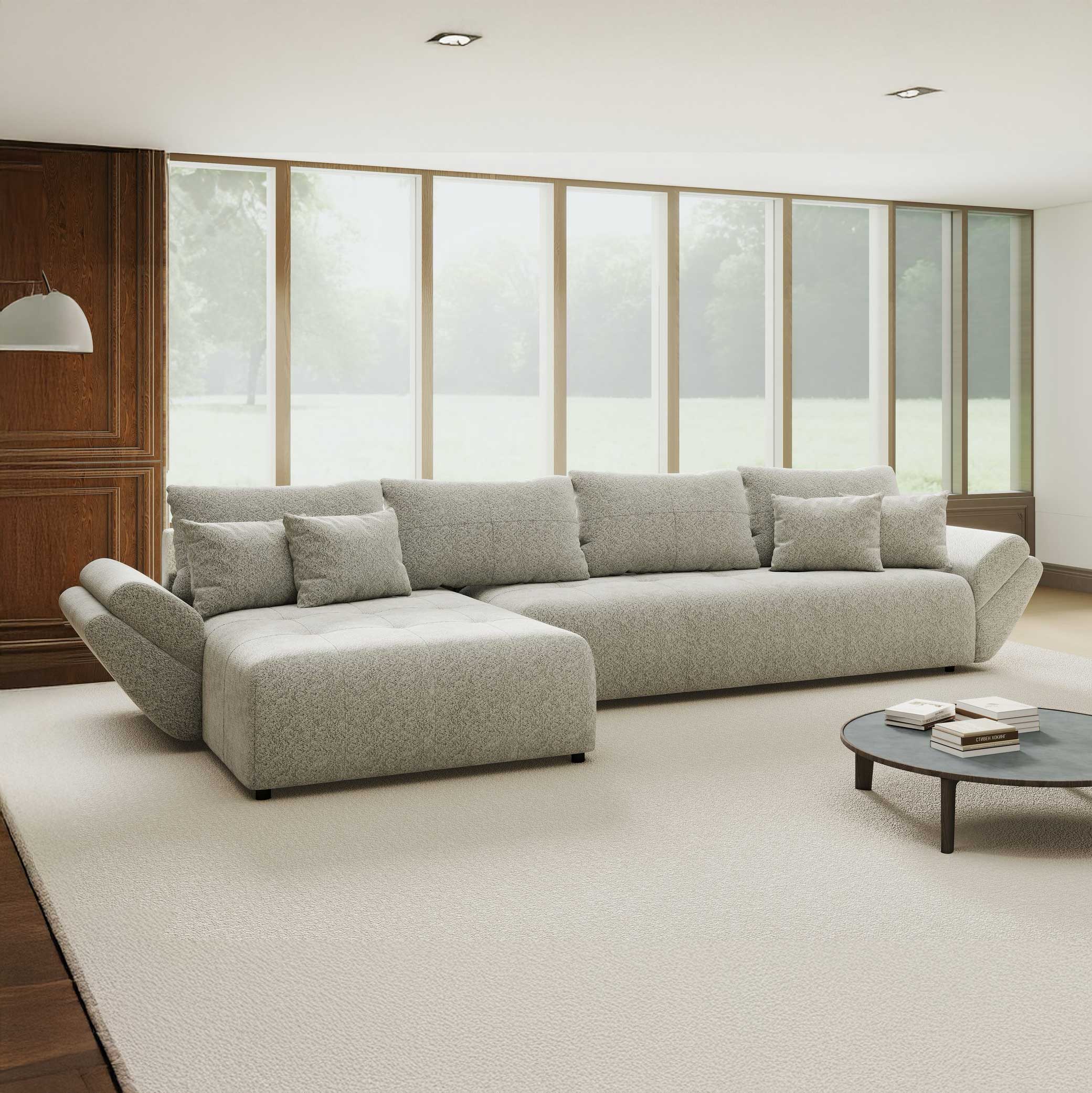 Colțar extensibil dumonde cu ladă de depozitare si sezut confortabil din spuma high-density, Berlin XL Arena Gri 15 350x185 cm