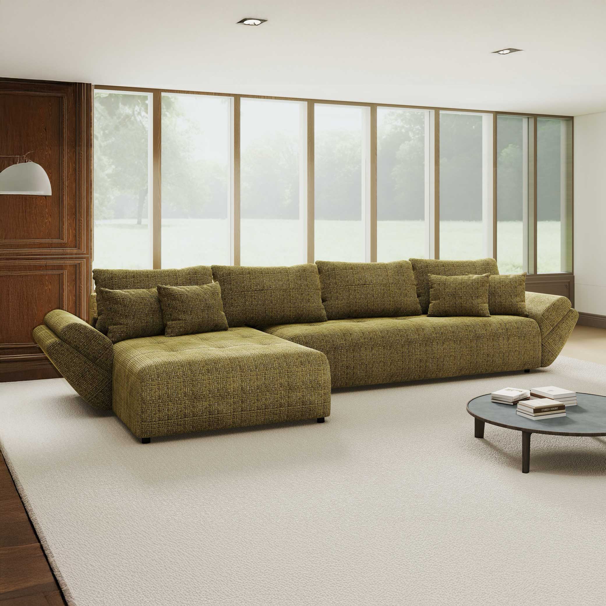 Colțar extensibil dumonde cu ladă de depozitare si sezut confortabil din spuma high-density, Berlin XL Cremona Olive 38 350x185 cm