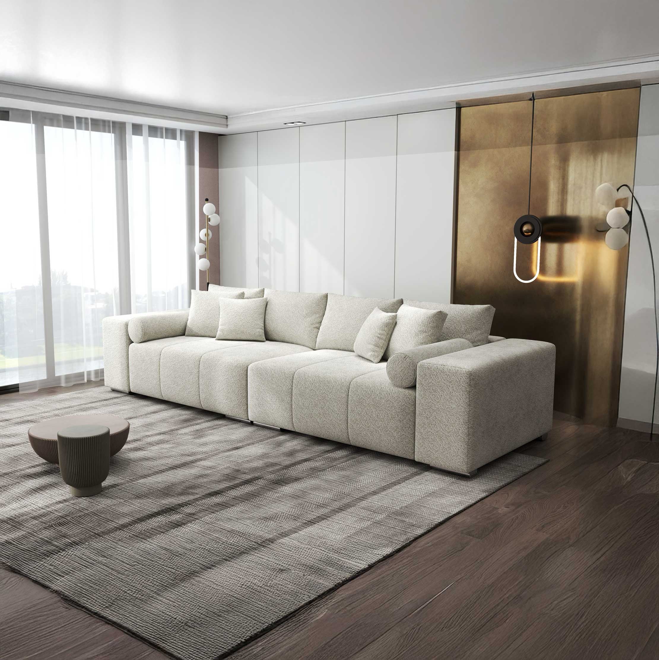 Canapea extensibilă dumonde cu ladă de depozitare si sezut confortabil din spuma high-density, Marbela XXL Arena Bej 20 290x100 cm