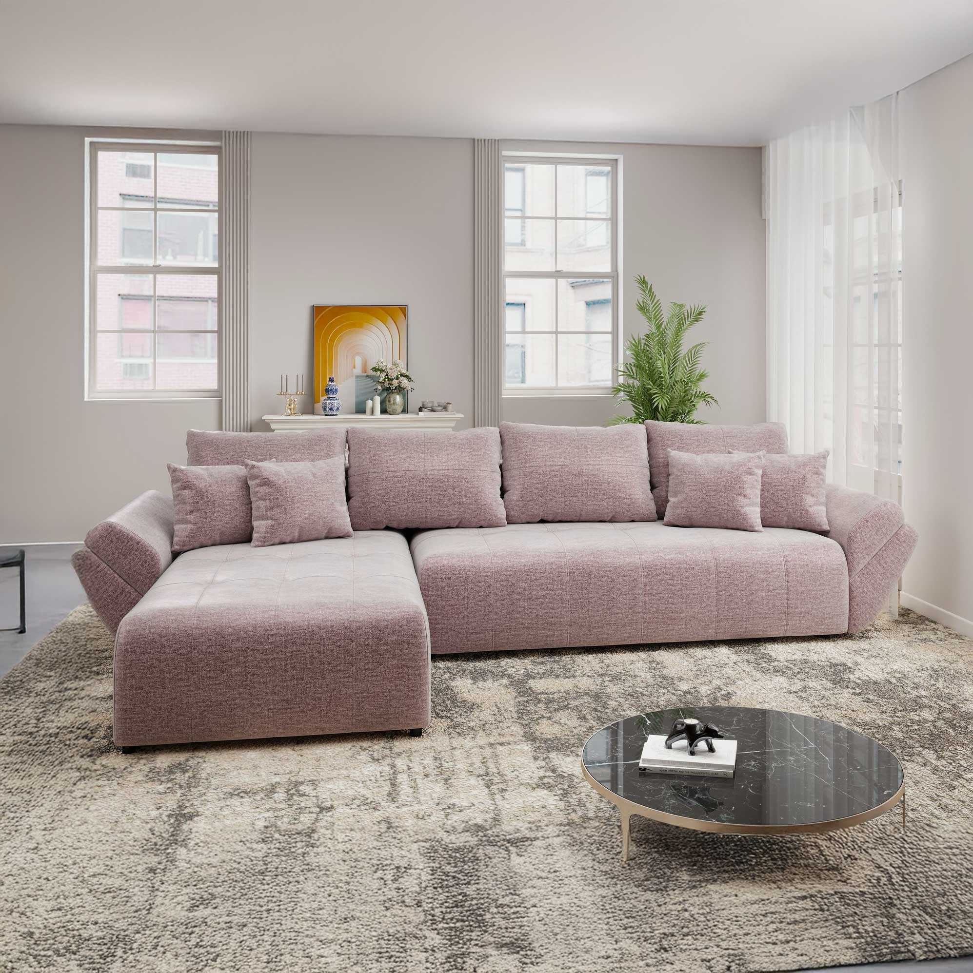 Colțar extensibil dumonde cu ladă de depozitare si sezut confortabil din spuma high-density, Berlin XL Monolith Roz Pudrat 62 350x185 cm