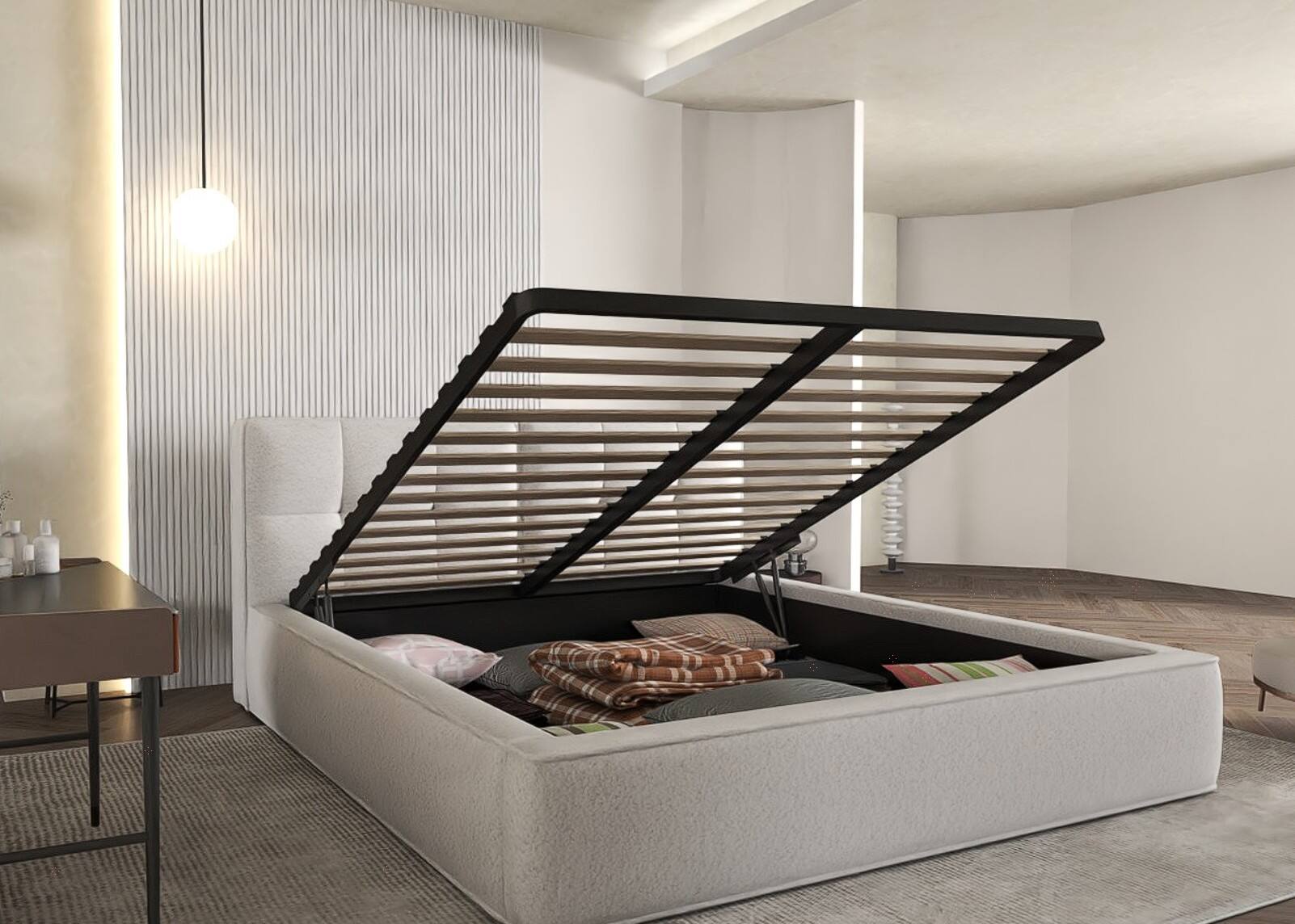 Dumonde kárpitozott ágy, bézs, Madrid 160x200 cm, felnyitható ágyráccsal, tárolóhellyel