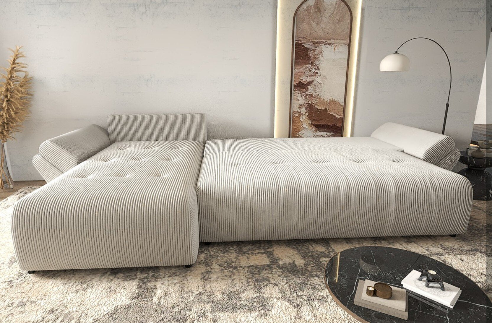 Colțar extensibil dumonde cu ladă de depozitare si sezut confortabil din spuma high-density, Berlin XL Zoom Crem 350x185 cm