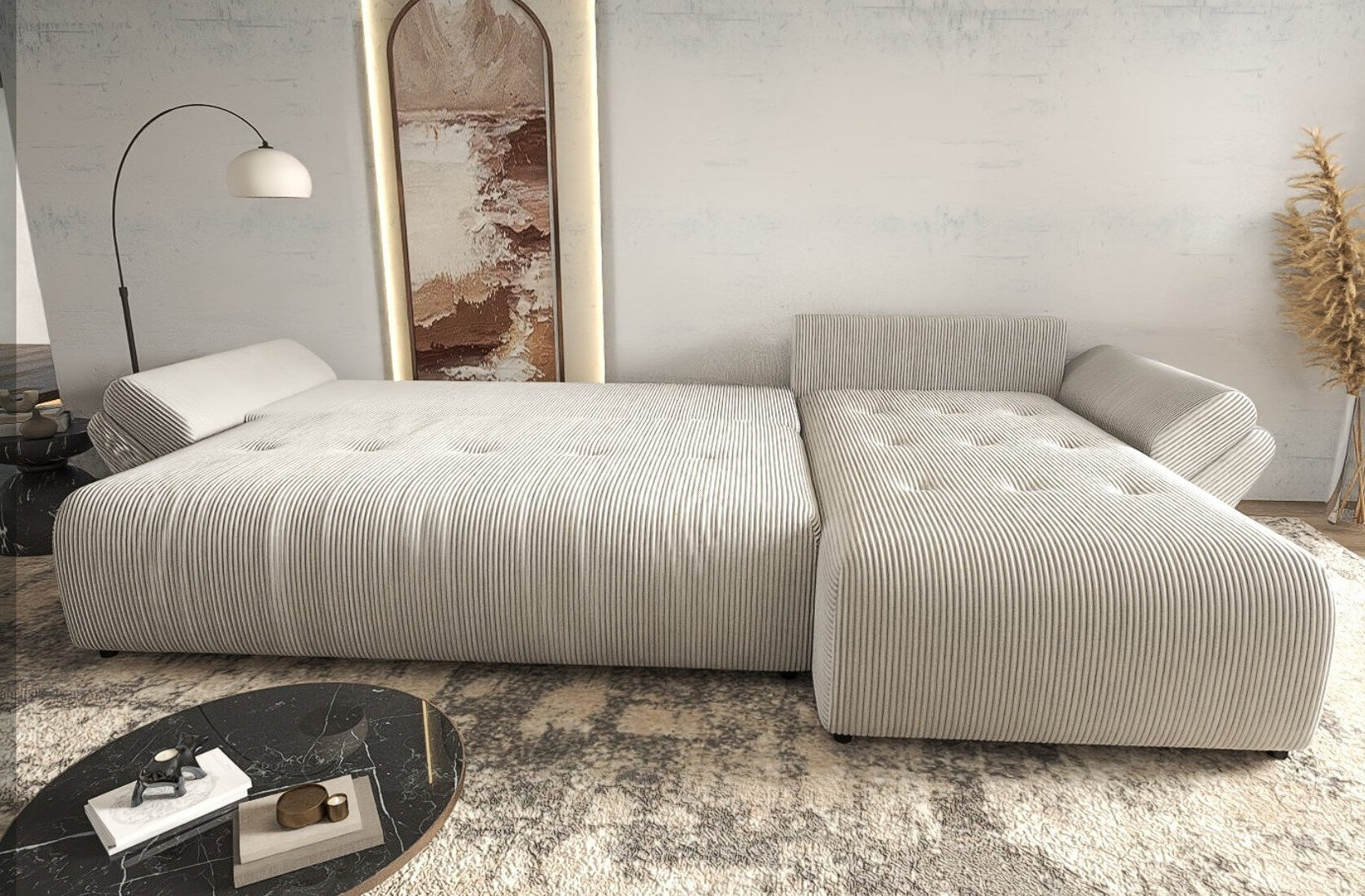 Colțar extensibil dumonde cu ladă de depozitare si sezut confortabil din spuma high-density, Berlin XL Zoom Crem 350x185 cm II