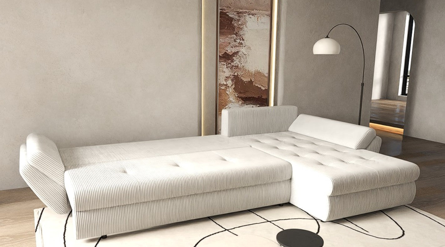 Colțar extensibil dumonde cu ladă de depozitare si sezut confortabil din spuma HR, Loana XL Zoom Cream 335x185 cm Fabrica