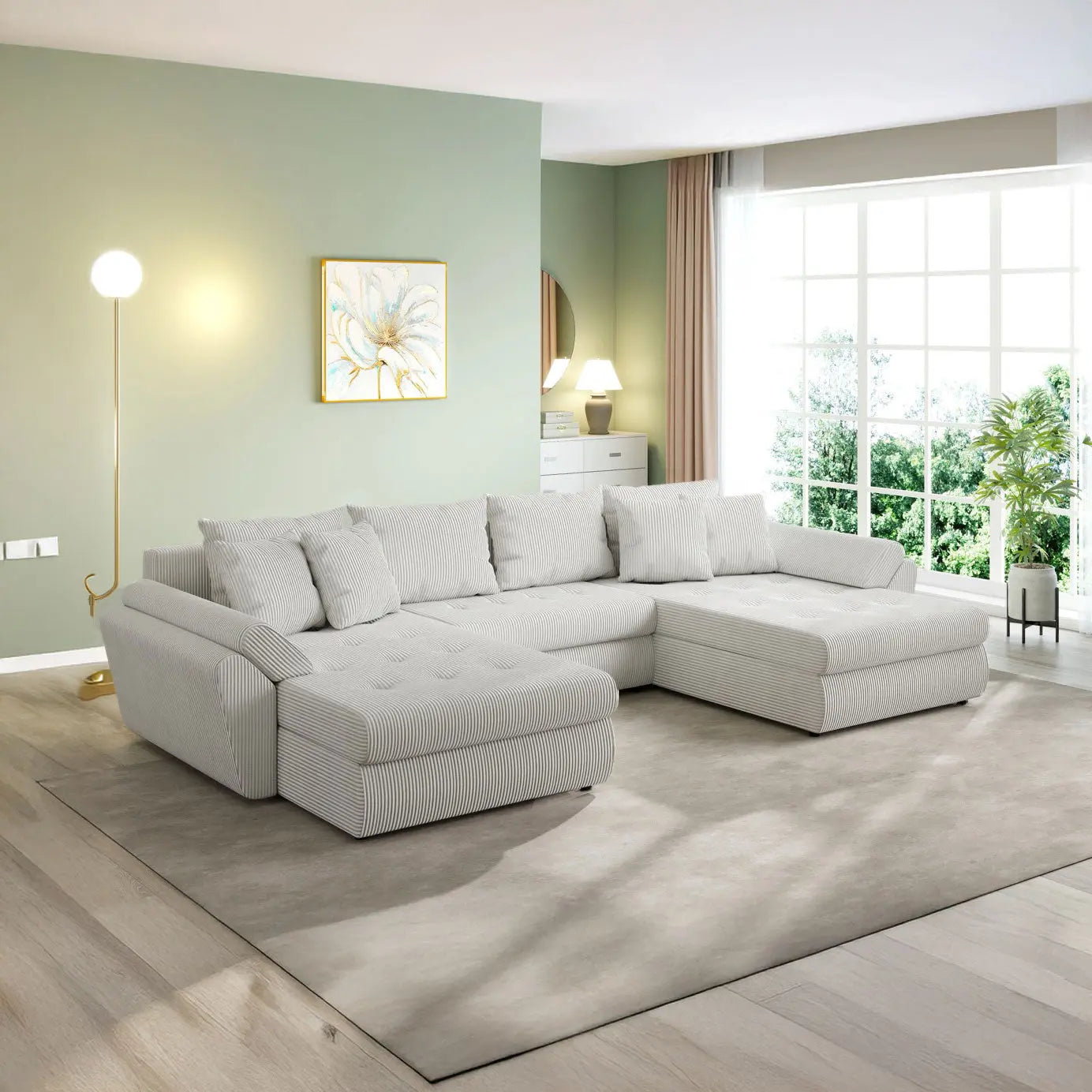 Colțar extensibil dumonde cu ladă de depozitare si sezut confortabil din spuma HR, Loana U Zoom Cream 355x185 cm Fabrica